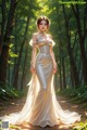 A woman in a wedding dress walking through a forest.