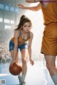 A woman in a blue and yellow uniform holding a basketball.