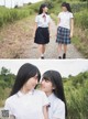 A couple of young women in school uniforms standing next to each other.